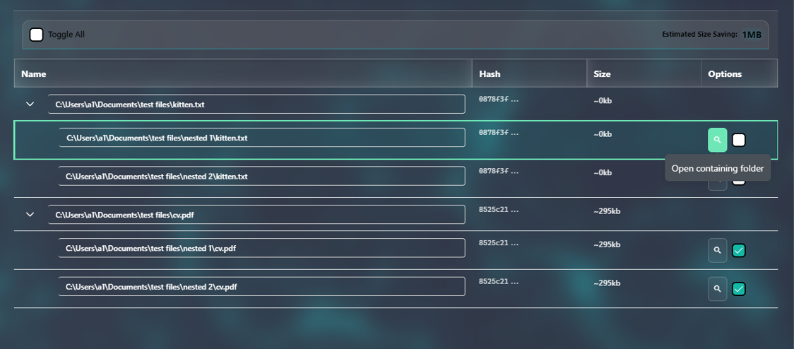 DuplicateDuster Results Table