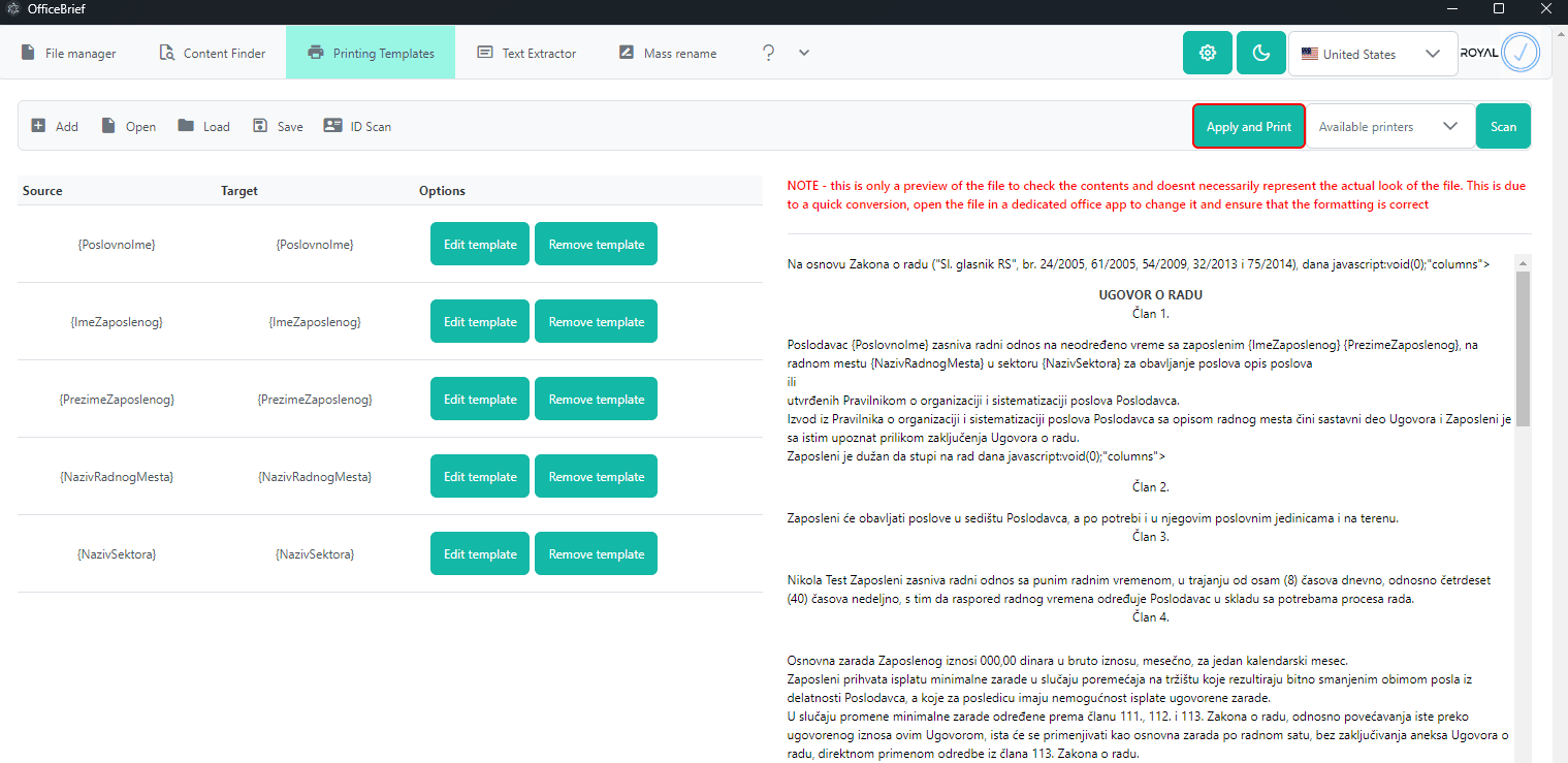 Printing Templates module example